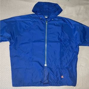 Champion Retro Deep Blue Nylon Adjustable Hooded Zip Up Windbreaker Rain Jacket